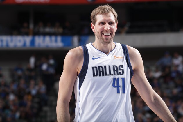 DALLAS, TX - MARCH 18: Dirk Nowitzki #41 of the Dallas Mavericks smiles during the game against the New Orleans Pelicans on March 18, 2019 at the American Airlines Center in Dallas, Texas. NOTE TO USER: User expressly acknowledges and agrees that, by downloading and or using this photograph, User is consenting to the terms and conditions of the Getty Images License Agreement. Mandatory Copyright Notice: Copyright 2019 NBAE (Photo by Glenn James/NBAE via Getty Images)