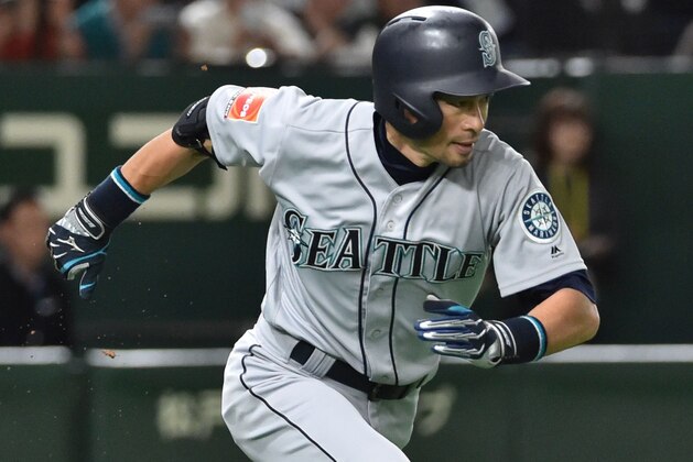 Seattle Mariners Ichiro Suzuki runs to the first base in the top of the fourth inning at the Major League Baseball Japan Opening Series in Tokyo on March 21, 2019. (Photo by Kazuhiro NOGI / AFP)        (Photo credit should read KAZUHIRO NOGI/AFP/Getty Images)