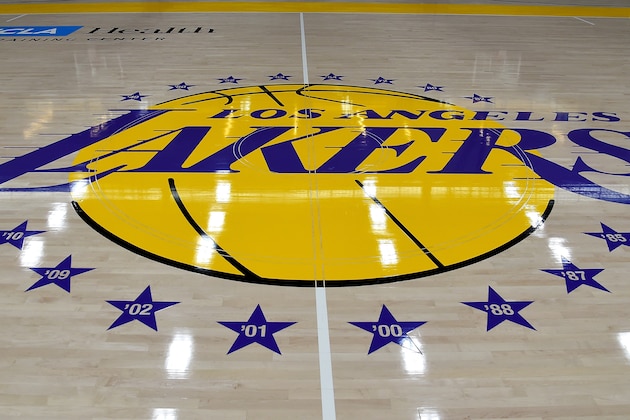 LOS ANGELES, CA - MAY 29:  View of the Los Angeles Lakers logo on the floor of  the UCLA Health Training Center, their training faculity, on May 29, 2018 in Los Angeles, California. NOTE TO USER: User expressly acknowledges and agrees that, by downloading and or using this photograph, User is consenting to the terms and conditions of the Getty Images License Agreement.  (Photo by Jayne Kamin-Oncea/Getty Images)