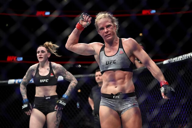 CHICAGO, IL - JUNE 09:  Holly Holm celebrates after her featherweight bout against Megan Anderson of Australia during the UFC 225: Whittaker v Romero 2 event at the United Center on June 9, 2018 in Chicago, Illinois. Holm won by unanimous decision.  (Photo by Dylan Buell/Getty Images)