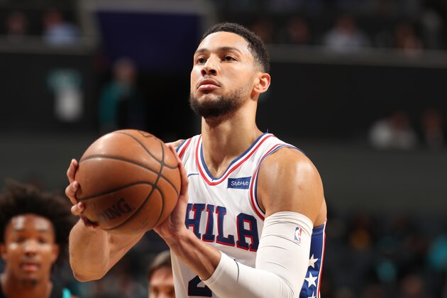 CHARLOTTE, NC - MARCH 19: Ben Simmons #25 of the Philadelphia 76ers shoots a free throw during the game against the Charlotte Hornets on March 19, 2019 at Spectrum Center in Charlotte, North Carolina. NOTE TO USER: User expressly acknowledges and agrees that, by downloading and or using this photograph, User is consenting to the terms and conditions of the Getty Images License Agreement.  Mandatory Copyright Notice:  Copyright 2019 NBAE (Photo by Kent Smith/NBAE via Getty Images)