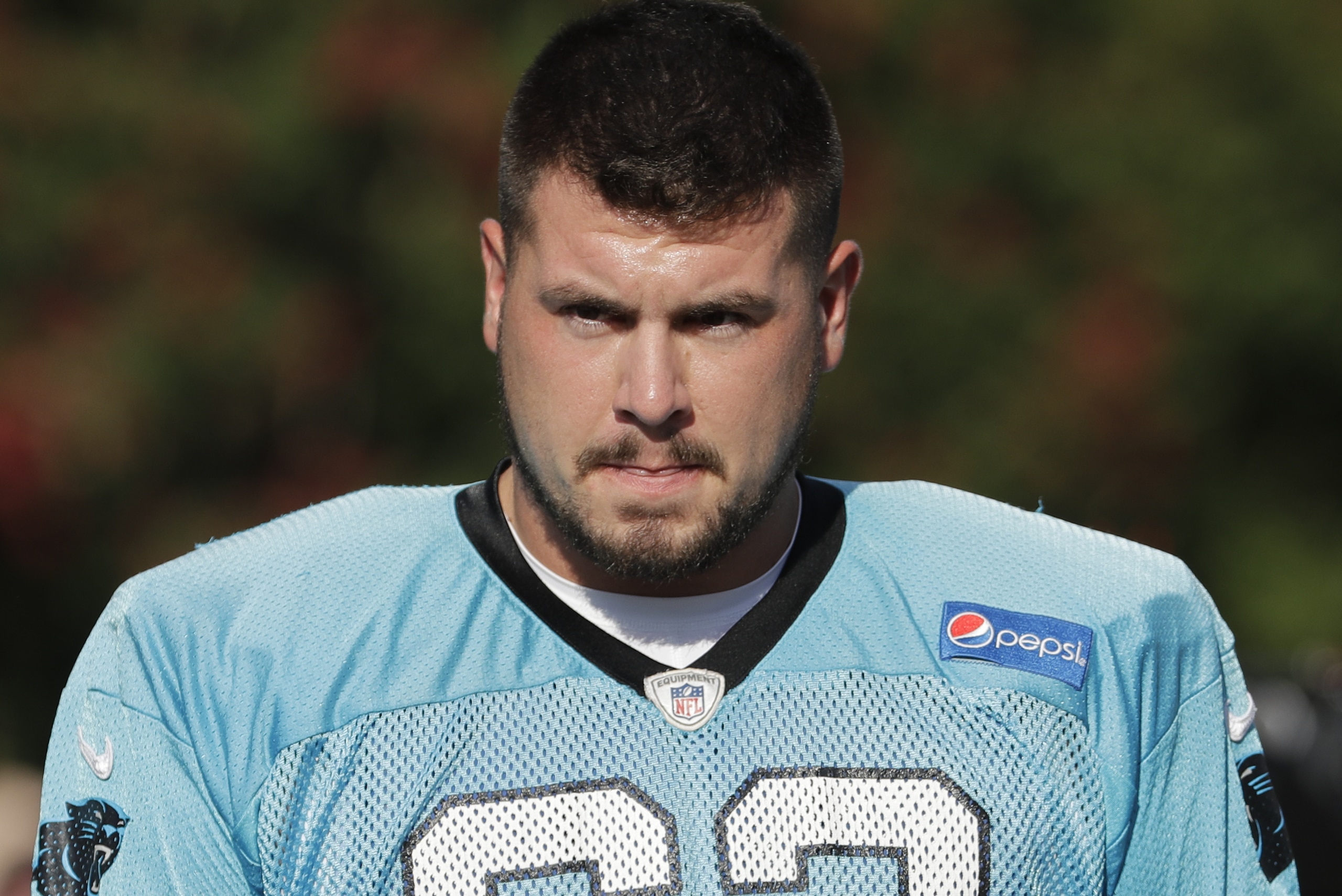 Carolina Panthers' Taylor Hearn (62) arrives for an NFL football practice at training camp in Spartanburg, S.C., Thursday, July 26, 2018. (AP Photo/Chuck Burton)