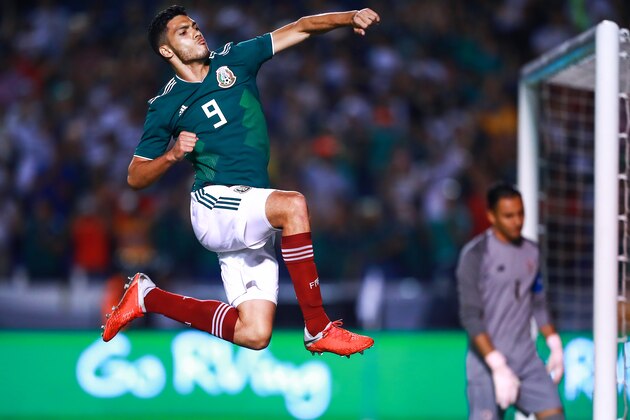 MONTERREY, MEXICO - OCTOBER 11: Raul Jimenez of Mexico celebrates after scoring the third goal of his team during the international friendly match between Mexico and Costa Rica at Universitario Stadium on October 11, 2018 in Monterrey, Mexico. (Photo by Hector Vivas/Getty Images)