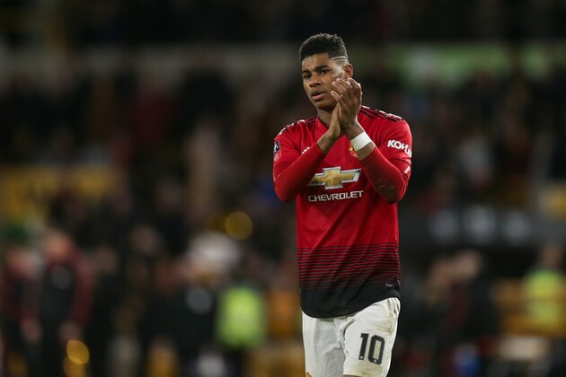 WOLVERHAMPTON, ENGLAND - MARCH 16:  Marcus Rashford of Manchester United applauds the fans  during the FA Cup Quarter Final match between Wolverhampton Wanderers and Manchester United at Molineux on March 16, 2019 in Wolverhampton, England. (Photo by Molly Darlington - AMA/Getty Images)