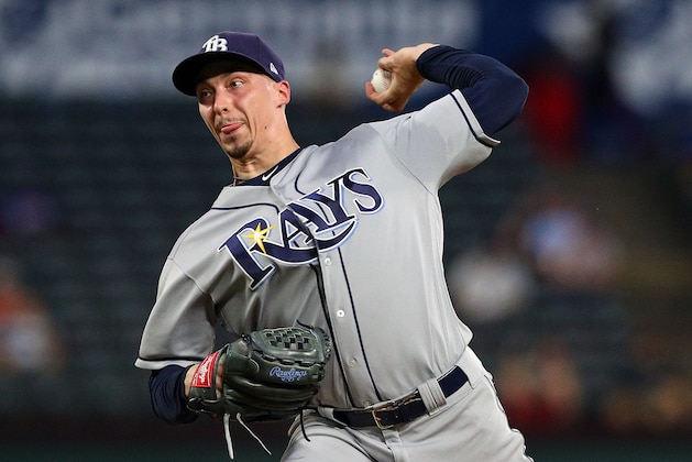 ARLINGTON, TX - SEPTEMBER 18:  Blake Snell #4 of the Tampa Bay Rays pitches in the first inning against the Texas Rangers at Globe Life Park in Arlington on September 18, 2018 in Arlington, Texas.  (Photo by Richard Rodriguez/Getty Images)
