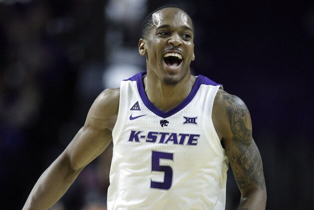 Kansas State guard Barry Brown Jr. (5) during the first half of an NCAA college basketball game against Oklahoma in Manhattan, Kan., Saturday, March 9, 2019. (AP Photo/Orlin Wagner)