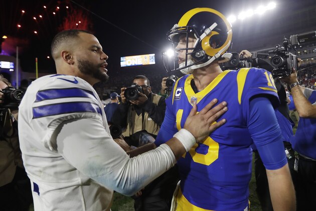 Los Angeles Rams quarterback Jared Goff, right, greets Dallas Cowboys quarterback Dak Prescott after their the Rams' win during an NFL divisional football playoff game Saturday, Jan. 12, 2019, in Los Angeles. (AP Photo/Jae C. Hong)