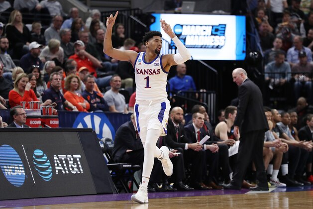SALT LAKE CITY, UTAH - MARCH 21: Dedric Lawson #1 of the Kansas Jayhawks reacts during the first half against the Northeastern Huskies in the first round of the 2019 NCAA Men's Basketball Tournament at Vivint Smart Home Arena on March 21, 2019 in Salt Lake City, Utah. (Photo by Patrick Smith/Getty Images)