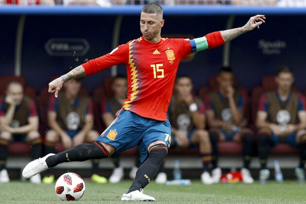 Spain's Sergio Ramos controls the ball during the round of 16 match between Spain and Russia at the 2018 soccer World Cup at the Luzhniki Stadium in Moscow, Russia, Sunday, July 1, 2018. (AP Photo/Victor R. Caivano)