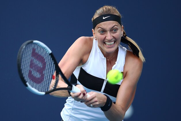 MIAMI GARDENS, FLORIDA - MARCH 21:  Petra Kvitova of Czech Republic in action against Maria Sakkari of Greece during day four of the Miami Open tennis on March 21, 2019 in Miami Gardens, Florida. (Photo by Julian Finney/Getty Images)