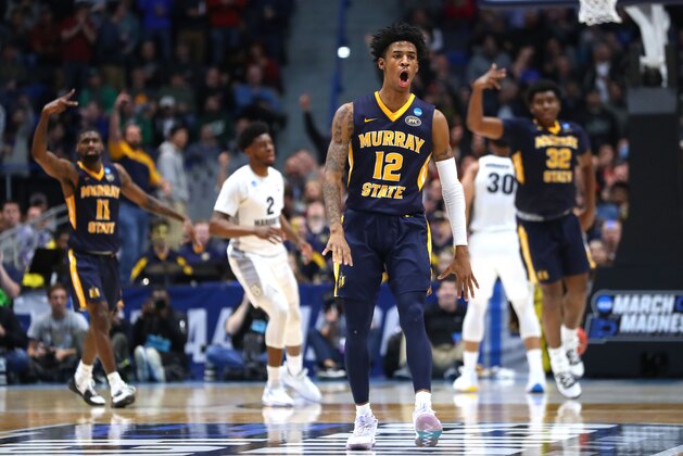HARTFORD, CONNECTICUT - MARCH 21:  Ja Morant #12 of the Murray State Racers celebrates scoring at the end of the first half during the first round game of the 2019 NCAA Men's Basketball Tournament against the Marquette Golden Eagles at XL Center on March 21, 2019 in Hartford, Connecticut. (Photo by Maddie Meyer/Getty Images)