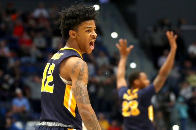 HARTFORD, CONNECTICUT - MARCH 21:  Ja Morant #12 of the Murray State Racers celebrates while playing in the second half of the first round game of the 2019 NCAA Men's Basketball Tournament against the Marquette Golden Eagles at XL Center on March 21, 2019 in Hartford, Connecticut. (Photo by Maddie Meyer/Getty Images)