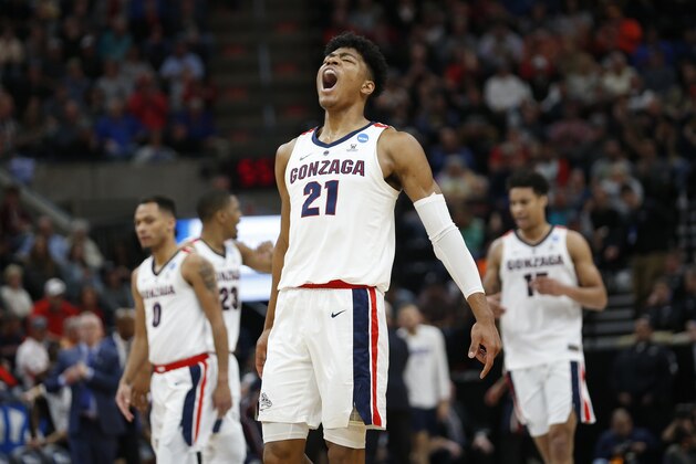 Gonzaga forward Rui Hachimura (21) celebrates after Gonzaga scored against Fairleigh Dickinson during the first half of a first-round game in the NCAA men’s college basketball tournament Thursday, March 21, 2019, in Salt Lake City. (AP Photo/Rick Bowmer)