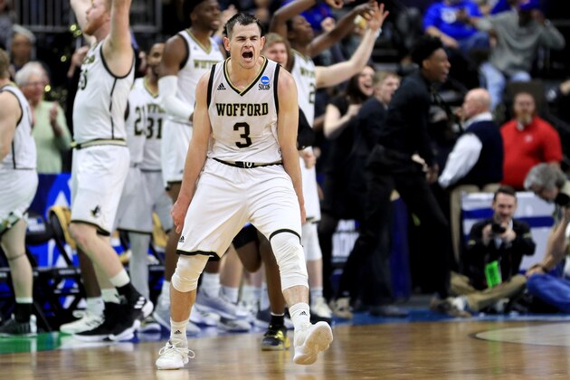 JACKSONVILLE, FLORIDA - MARCH 21:  Fletcher Magee #3 of the Wofford Terriers reacts in the second half against the Seton Hall Pirates during the first round of the 2019 NCAA Men's Basketball Tournament at Jacksonville Veterans Memorial Arena on March 21, 2019 in Jacksonville, Florida. (Photo by Mike Ehrmann/Getty Images)