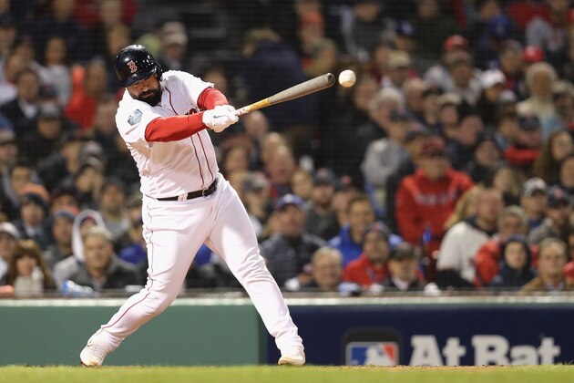 BOSTON, MA - OCTOBER 23:  Sandy Leon #3 of the Boston Red Sox hits a single during the second inning against the Los Angeles Dodgers in Game One of the 2018 World Series at Fenway Park on October 23, 2018 in Boston, Massachusetts.  (Photo by Maddie Meyer/Getty Images)