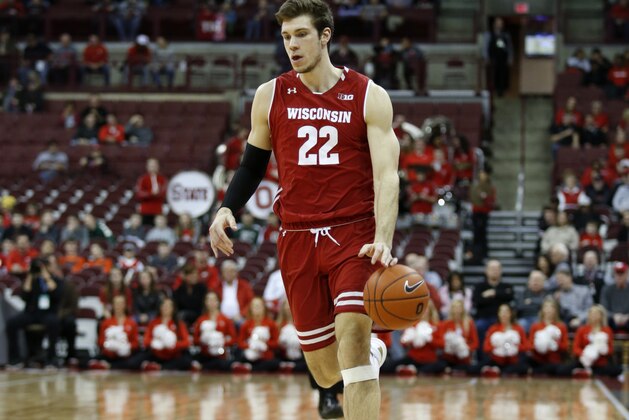 Wisconsin forward Ethan Happ drives against Ohio State during an NCAA college basketball game in Columbus, Ohio, Sunday, March 10, 2019. Wisconsin won 73-67 in overtime. (AP Photo/Paul Vernon)