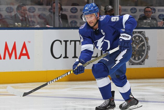 TORONTO, ON - MARCH 11:  Steven Stamkos #91 of the Tampa Bay Lightning skates after a puck against the Toronto Maple Leafs during an NHL game at Scotiabank Arena on March 11, 2019 in Toronto, Ontario, Canada. The Lightning defeated the Maple Leafs 6-2. (Photo by Claus Andersen/Getty Images)