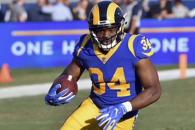 Los Angeles Rams running back Malcolm Brown (34) gains yards after a catch in the third quarter of an NFL football game against the Seattle Seahawks, Sunday November 11, 2018 in Los Angeles. (John Cordes/AP Images for Panini)