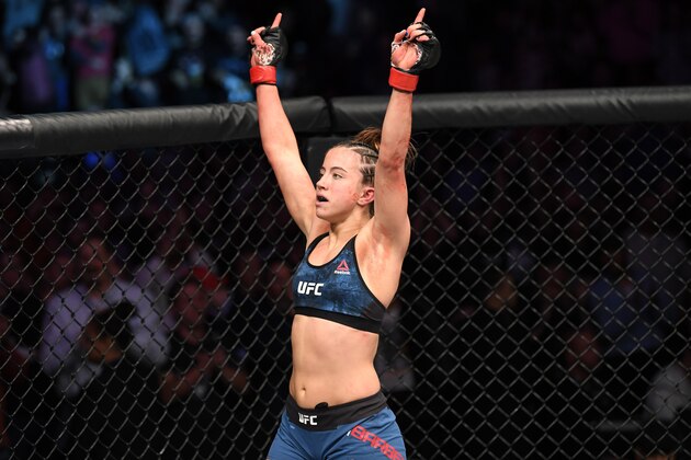 DENVER, CO - NOVEMBER 10:  Maycee Barber reacts after defeating Hannah Cifers in their women's strawweight bout during the UFC Fight Night event inside Pepsi Center on November 10, 2018 in Denver, Colorado. (Photo by Josh Hedges/Zuffa LLC/Zuffa LLC via Getty Images)