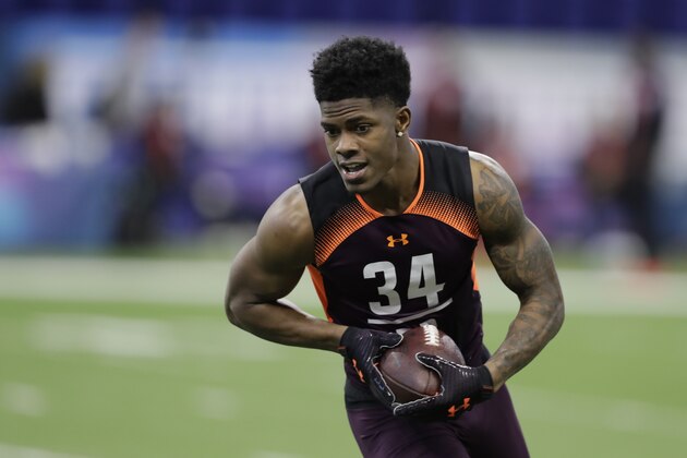 LSU defensive back Greedy Williams runs a drill during the NFL football scouting combine, Monday, March 4, 2019, in Indianapolis. (AP Photo/Darron Cummings)