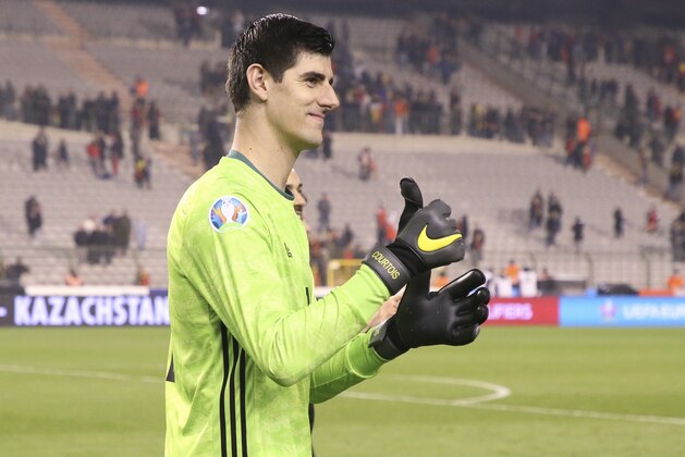 BRUSSELS, BELGIUM - MARCH 21: Goalkeeper of Belgium Thibaut Courtois celebrates the victory following the 2020 UEFA European Championships group I qualifying match between Belgium and Russia at King Baudouin Stadium (Stade Roi Baudouin) on March 21, 2019 in Brussels, Belgium. (Photo by Jean Catuffe/Getty Images)