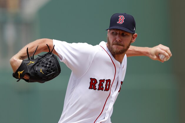 Boston Red Sox starting pitcher Chris Sale (41) works against the Atlanta Braves in the first inning of a spring training baseball game Saturday, March 16, 2019, in Fort Myers, Fla. (AP Photo/John Bazemore)