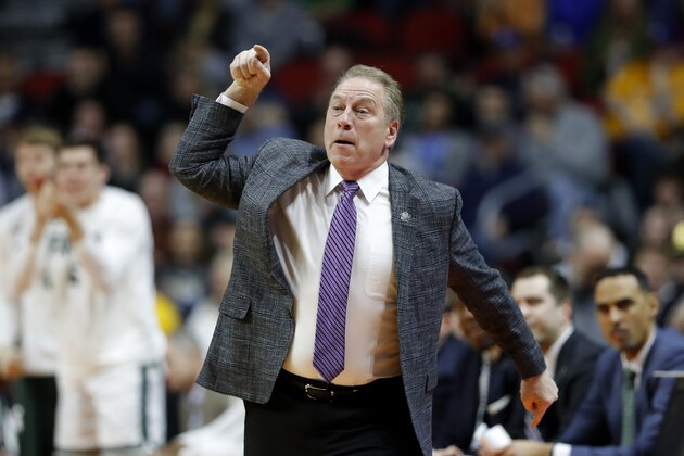 Michigan State head coach Tom Izzo directs his team during a first round men's college basketball game against Bradley in the NCAA Tournament, Thursday, March 21, 2019, in Des Moines, Iowa. (AP Photo/Charlie Neibergall)