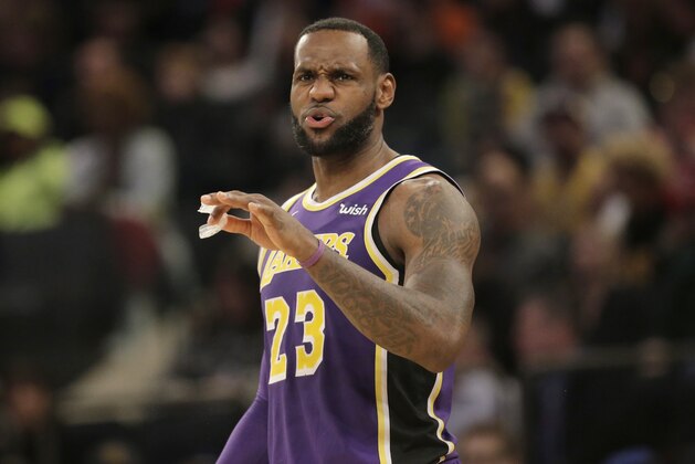 Los Angeles Lakers' LeBron James reacts during the second half of an NBA basketball game against the New York Knicks, Sunday, March 17, 2019, in New York. (AP Photo/Seth Wenig)