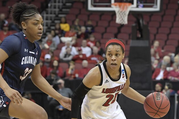Louisville guard Asia Durr (25) drives past the defense of Robert Morris center Nneka Ezeigbo (33) during the second half of a first-round game in the NCAA women's college basketball tournament in Louisville, Ky., Friday, March 22, 2019. Louisville won 69-34. (AP Photo/Timothy D. Easley)