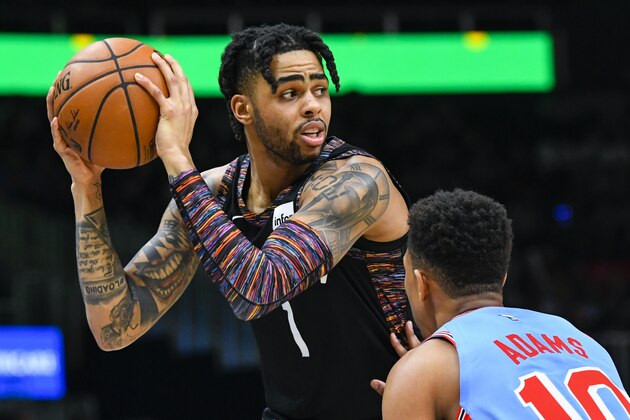 Brooklyn Nets guard D'Angelo Russell (1) sizes up the court with Atlanta Hawks guard Jaylen Adams defending during an NBA basketball game, Saturday March 9, 2019, in Atlanta. (AP Photo/John Amis)
