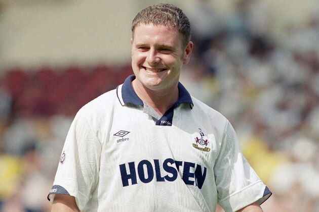 Smiling British footballer Paul Gascoigne, seen during F. A. Charity Shield match on August 10, 1991 at Wembley Stadium in London, United Kingdom, wearing Tottenham Hotspur (Spurs) strip. Gazza has signed to play for Lazio club in Italy for the coming season. (AP Photo/Paul Velasco)