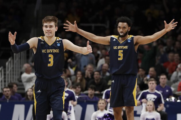 UC Irvine guard Robert Cartwright (3) and forward Jonathan Galloway (5) celebrate against Kansas State during the second half of a first round men's college basketball game in the NCAA Tournament Friday, March 22, 2019, in San Jose, Calif. (AP Photo/Chris Carlson) UC Irvine guard Robert Cartwright (3) and forward Jonathan Galloway (5) celebrate against Kansas State during the second half of a first round men's college basketball game in the NCAA Tournament Friday, March 22, 2019, in San Jose, Calif. (AP Photo/Chris Carlson)