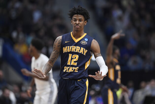 Murray State's Ja Morant (12) during the first half of a first round men's college basketball game in the NCAA tournament, Thursday, March 21, 2019, in Hartford, Conn. (AP Photo/Jessica Hill)