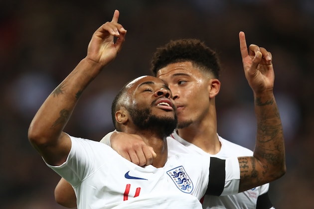 LONDON, ENGLAND - MARCH 22: Raheem Sterling of England celebrates the 3rd goal with Jadon Sancho during the 2020 UEFA European Championships group A qualifying match between England and Czech Republic at Wembley Stadium on March 22, 2019 in London, United Kingdom. (Photo by Marc Atkins/Getty Images)