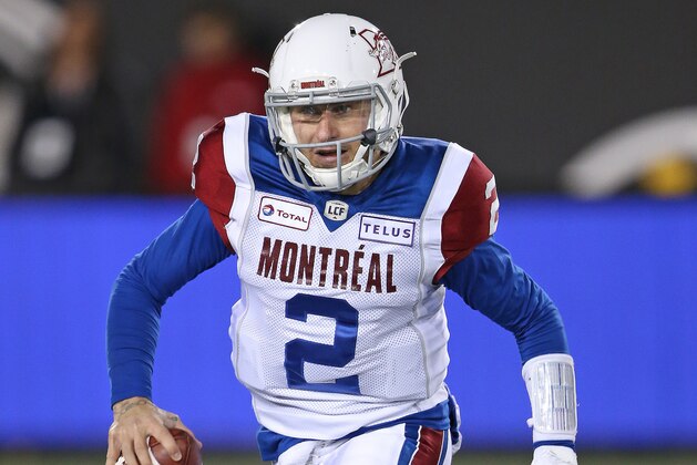 HAMILTON, ON - NOVEMBER 3:  Johnny Manziel #2 of the Montreal Alouettes runs the ball against the Hamilton Tiger-Cats in a CFL game at Tim Hortons Field on November 3, 2018 in Hamilton, Ontario, Canada. (Photo by Claus Andersen/Getty Images)