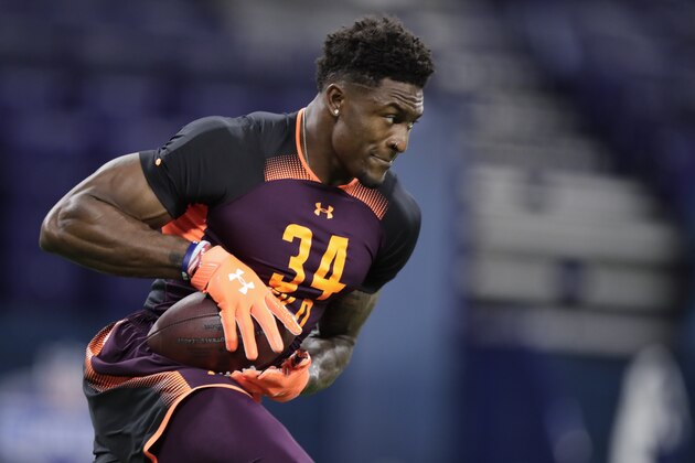 Mississippi wide receiver D.K. Metcalf runs a drill at the NFL football scouting combine in Indianapolis, Saturday, March 2, 2019. (AP Photo/Michael Conroy)