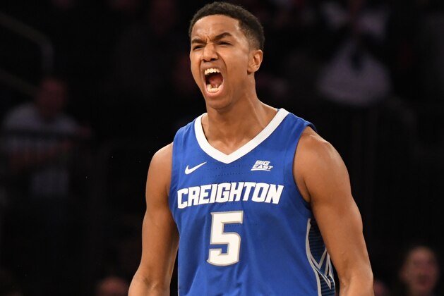 NEW YORK, NY - MARCH 14:  Ty-Shon Alexander #5 of the Creighton Bluejays celebrates a shot in the second half during the Big East Conference basketball Quarterfinal game against the Xavier Musketeers at Madison Square Garden March 14, 2019 in New York City.  (Photo by Mitchell Layton/Getty Images)