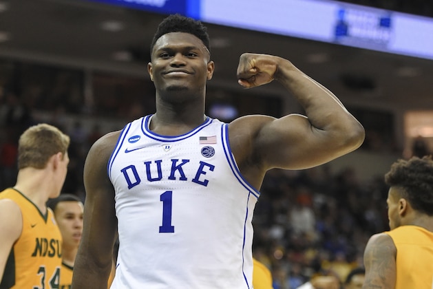Duke's Zion Williamson (1) flexes after a basket against North Dakota State in a first-round game in the NCAA men’s college basketball tournament in Columbia, S.C., Friday, March 22, 2019. (AP Photo/Richard Shiro)