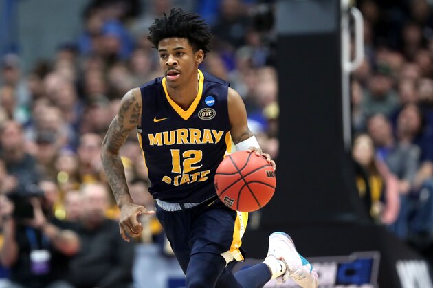 HARTFORD, CONNECTICUT - MARCH 21:  Ja Morant #12 of the Murray State Racers drives the ball down court during the first round game of the 2019 NCAA Men's Basketball Tournament against the Marquette Golden Eagles at XL Center on March 21, 2019 in Hartford, Connecticut. (Photo by Rob Carr/Getty Images)