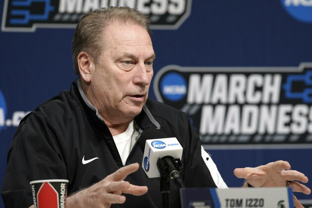 Michigan State coach Tom Izzo speaks during a news conference in Des Moines, Iowa, Friday, March 22, 2019, ahead of their second round men's college basketball game against Minnesota in the NCAA Tournament. (AP Photo/Nati Harnik)