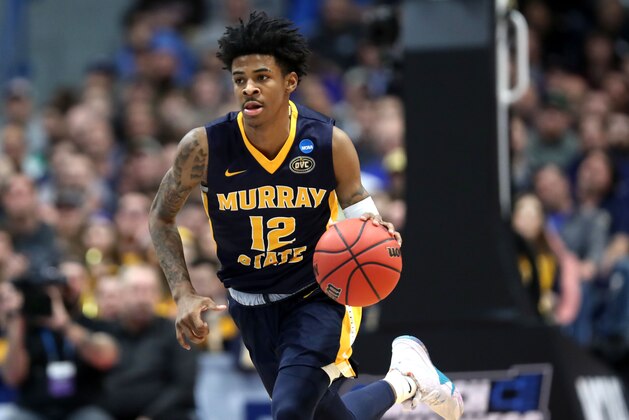 HARTFORD, CONNECTICUT - MARCH 21:  Ja Morant #12 of the Murray State Racers drives the ball down court during the first round game of the 2019 NCAA Men's Basketball Tournament against the Marquette Golden Eagles at XL Center on March 21, 2019 in Hartford, Connecticut. (Photo by Rob Carr/Getty Images)