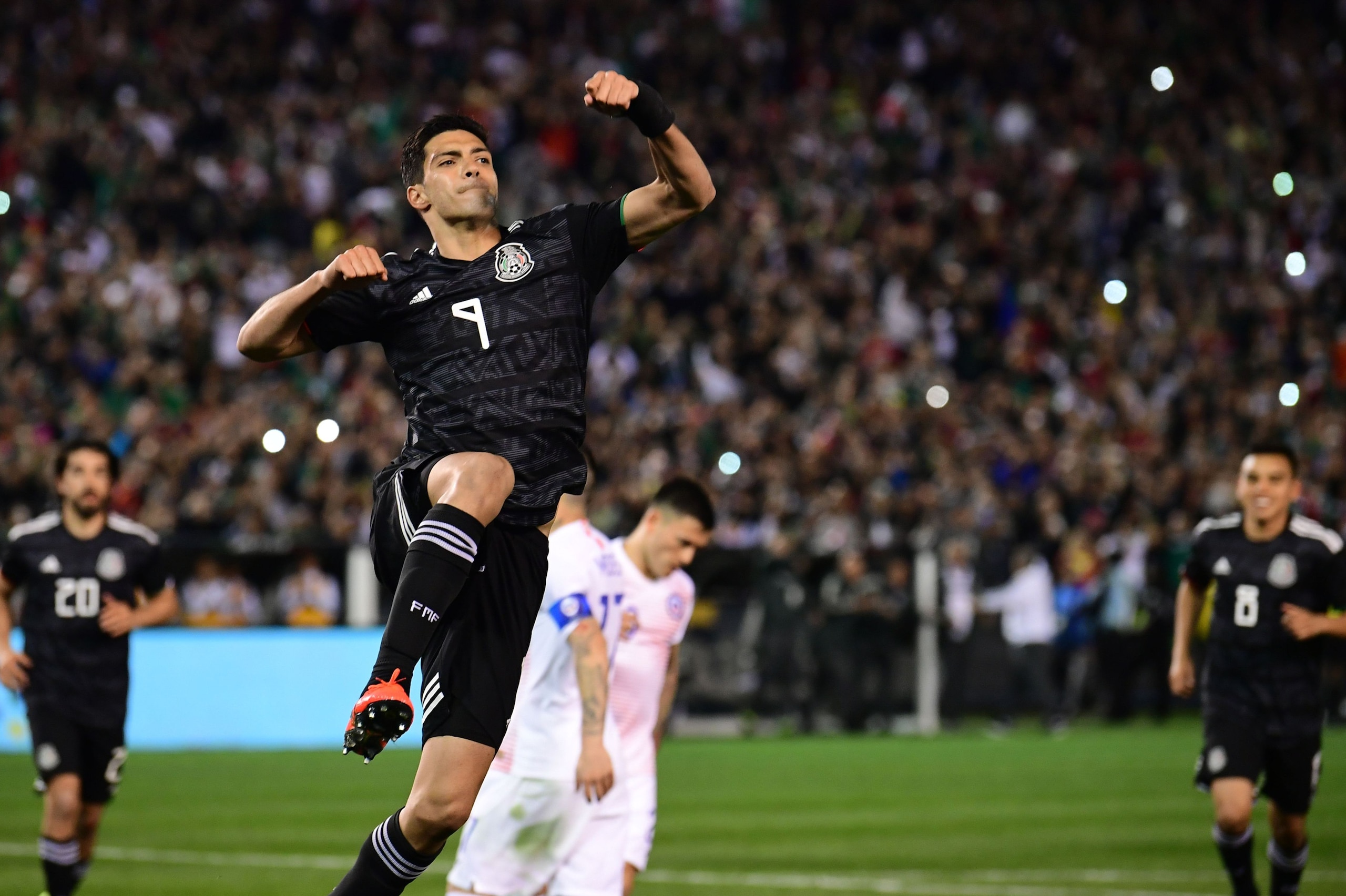 Raul Jimenez (C) of Mexico celebrates after scoring a penalty against Chile during the international friendly match between Mexico and Chile at SDCCU Stadium in San Diego, California on March 22, 2019. (Photo by Frederic J. BROWN / AFP)        (Photo credit should read FREDERIC J. BROWN/AFP/Getty Images)