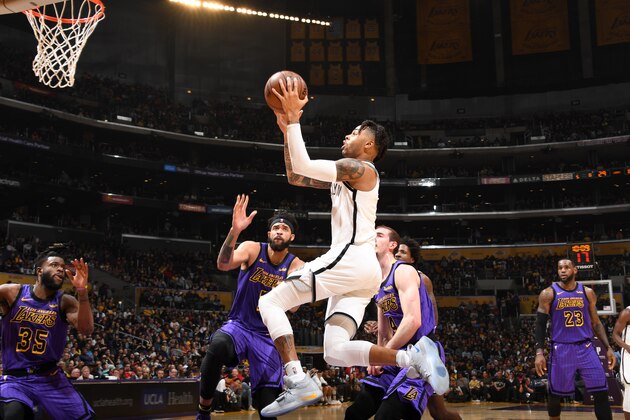 LOS ANGELES, CA - MARCH 22: D'Angelo Russell #1 of the Brooklyn Nets shoots the ball against the Los Angeles Lakers on March 22, 2019 at STAPLES Center in Los Angeles, California. NOTE TO USER: User expressly acknowledges and agrees that, by downloading and/or using this Photograph, user is consenting to the terms and conditions of the Getty Images License Agreement. Mandatory Copyright Notice: Copyright 2019 NBAE (Photo by Andrew D. Bernstein/NBAE via Getty Images)