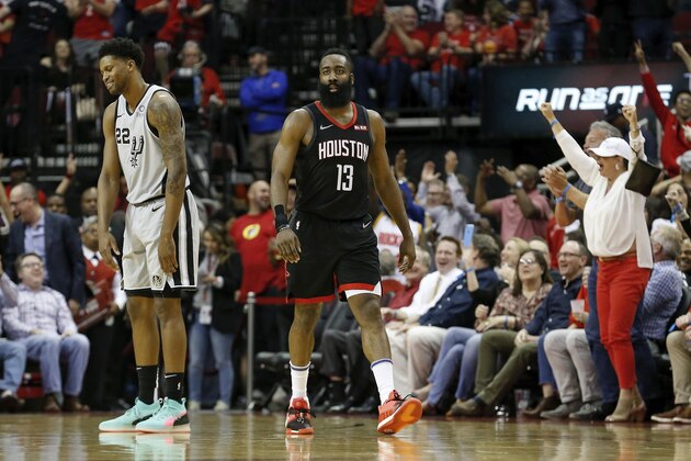 HOUSTON, TX - MARCH 22:  Rudy Gay #22 of the San Antonio Spurs reacts after a three point basket by James Harden #13 of the Houston Rockets in the fourth quarter at Toyota Center on March 22, 2019 in Houston, Texas.  NOTE TO USER: User expressly acknowledges and agrees that, by downloading and or using this photograph, User is consenting to the terms and conditions of the Getty Images License Agreement.  (Photo by Tim Warner/Getty Images)