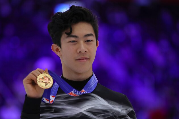 DETROIT, MICHIGAN - JANUARY 27: Nathan Chen holds up his gold medal after winning the men's championship during the 2019 U.S. Figure Skating Championships at Little Caesars Arena on January 27, 2019 in Detroit, Michigan. (Photo by Gregory Shamus/Getty Images)