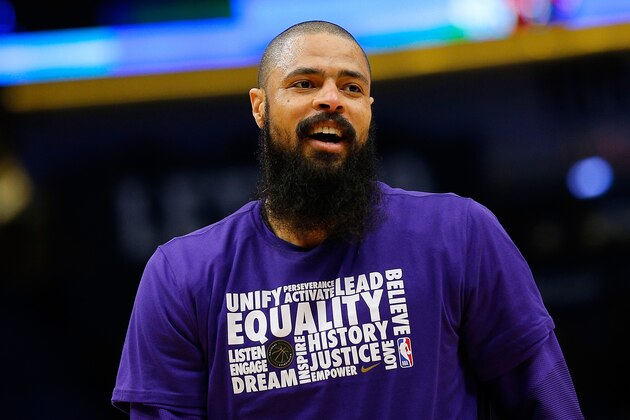 NEW ORLEANS, LOUISIANA - FEBRUARY 23: Tyson Chandler #5 of the Los Angeles Lakers reacts against the New Orleans Pelicans at the Smoothie King Center on February 23, 2019 in New Orleans, Louisiana.NOTE TO USER: User expressly acknowledges and agrees that, by downloading and or using this photograph, User is consenting to the terms and conditions of the Getty Images License Agreement. (Photo by Jonathan Bachman/Getty Images)