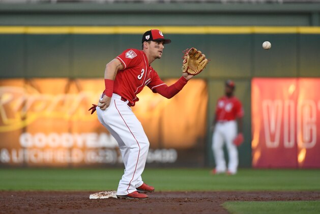 GOODYEAR, ARIZONA - MARCH 19: Scooter Gennett #3 of the Cincinnati Reds catches a throw from home while covering second base during a spring training game against the Chicago White Sox at Goodyear Ballpark on March 19, 2019 in Goodyear, Arizona. (Photo by Norm Hall/Getty Images)