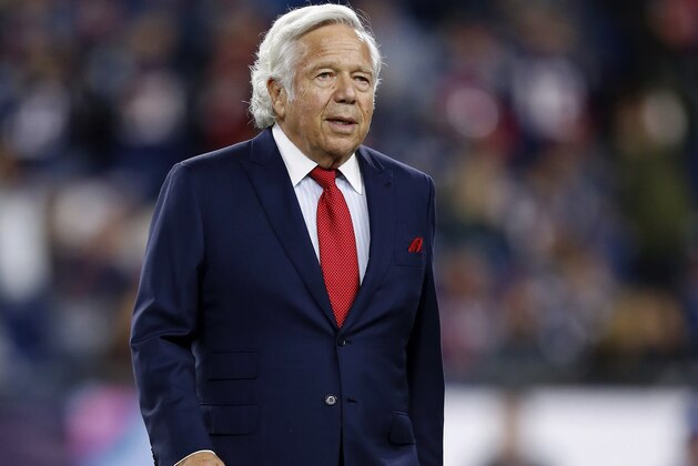 New England Patriots owner Robert Kraft walks on the field before an NFL football game between the Patriots and the Kansas City Chiefs, Sunday, Oct. 14, 2018, in Foxborough, Mass. (AP Photo/Michael Dwyer)