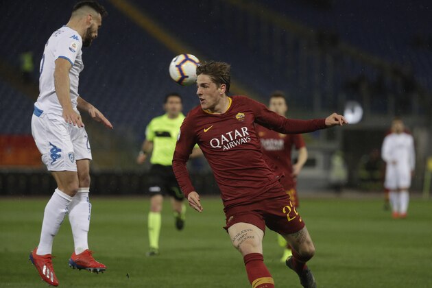 Roma's Nicolo Zaniolo, right, and Empoli's Matias Silvestre vie for the ball during their Italian Serie A soccer match between Roma and Empoli at Rome's Olympic stadium, Monday, March 11, 2019. (AP Photo/Gregorio Borgia)