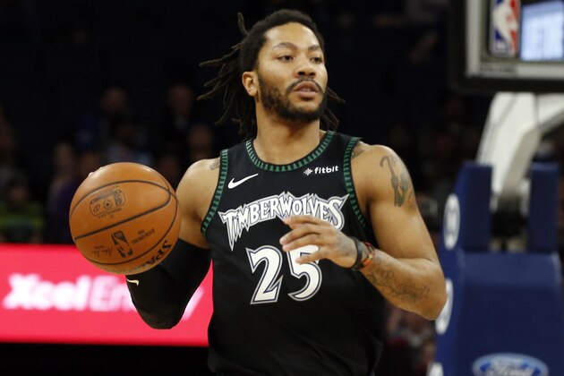 Minnesota Timberwolves' Derrick Rose plays against the Oklahoma City Thunder in an NBA basketball game Tuesday, March 5, 2019, in Minneapolis. (AP Photo/Jim Mone)